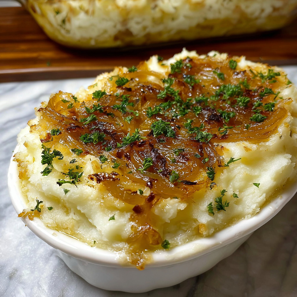 A bowl of mashed potatoes with onions.