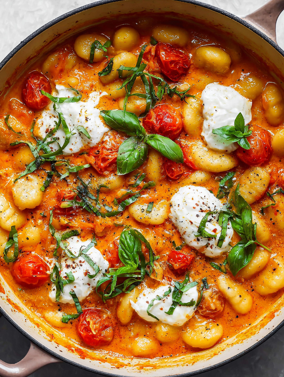 A dish of gnocchi with tomatoes and burrata cheese.