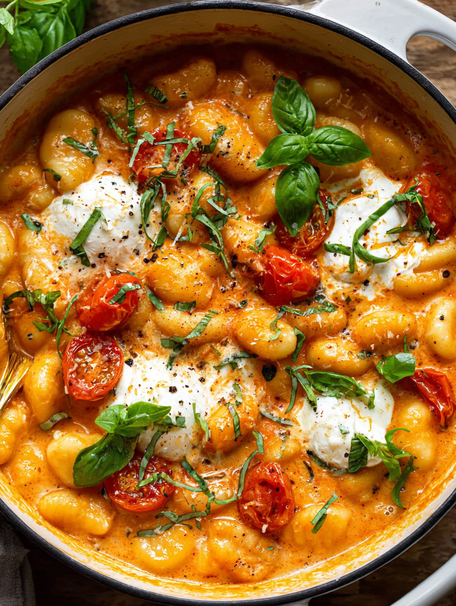 A bowl of gnocchi with tomatoes and burrata.