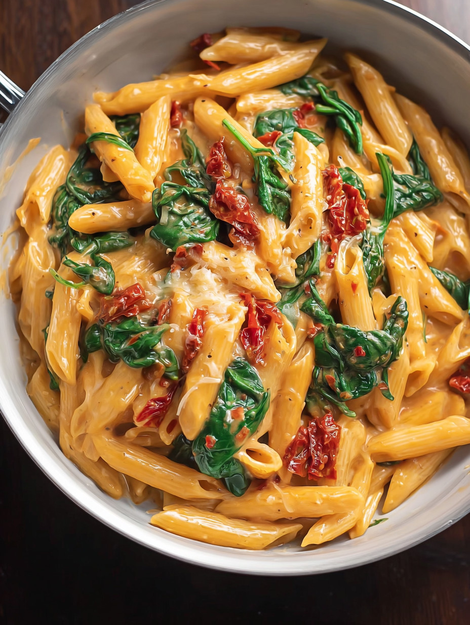 A bowl of pasta with spinach and tomatoes.