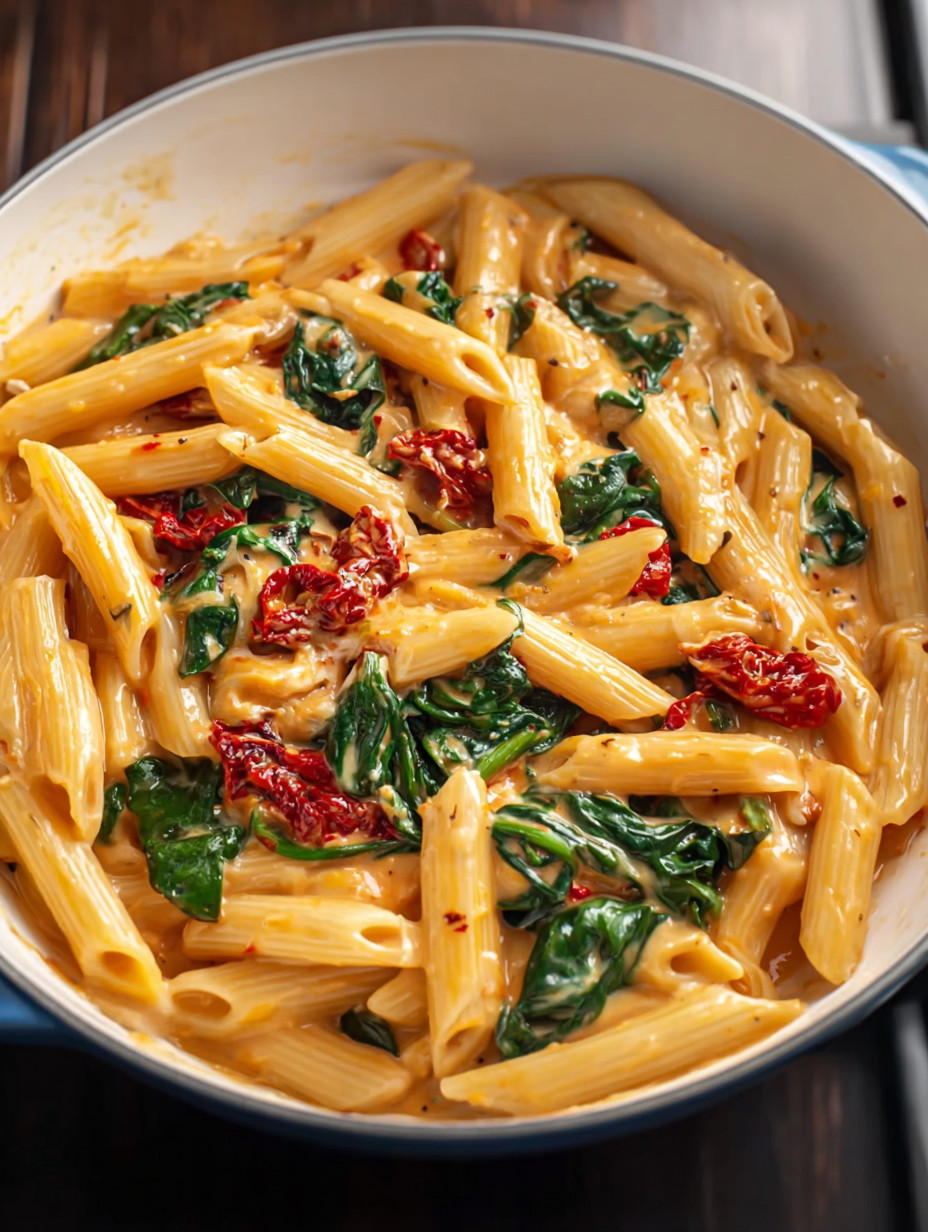 A one-pot meal of spinach, tomatoes, and pasta.