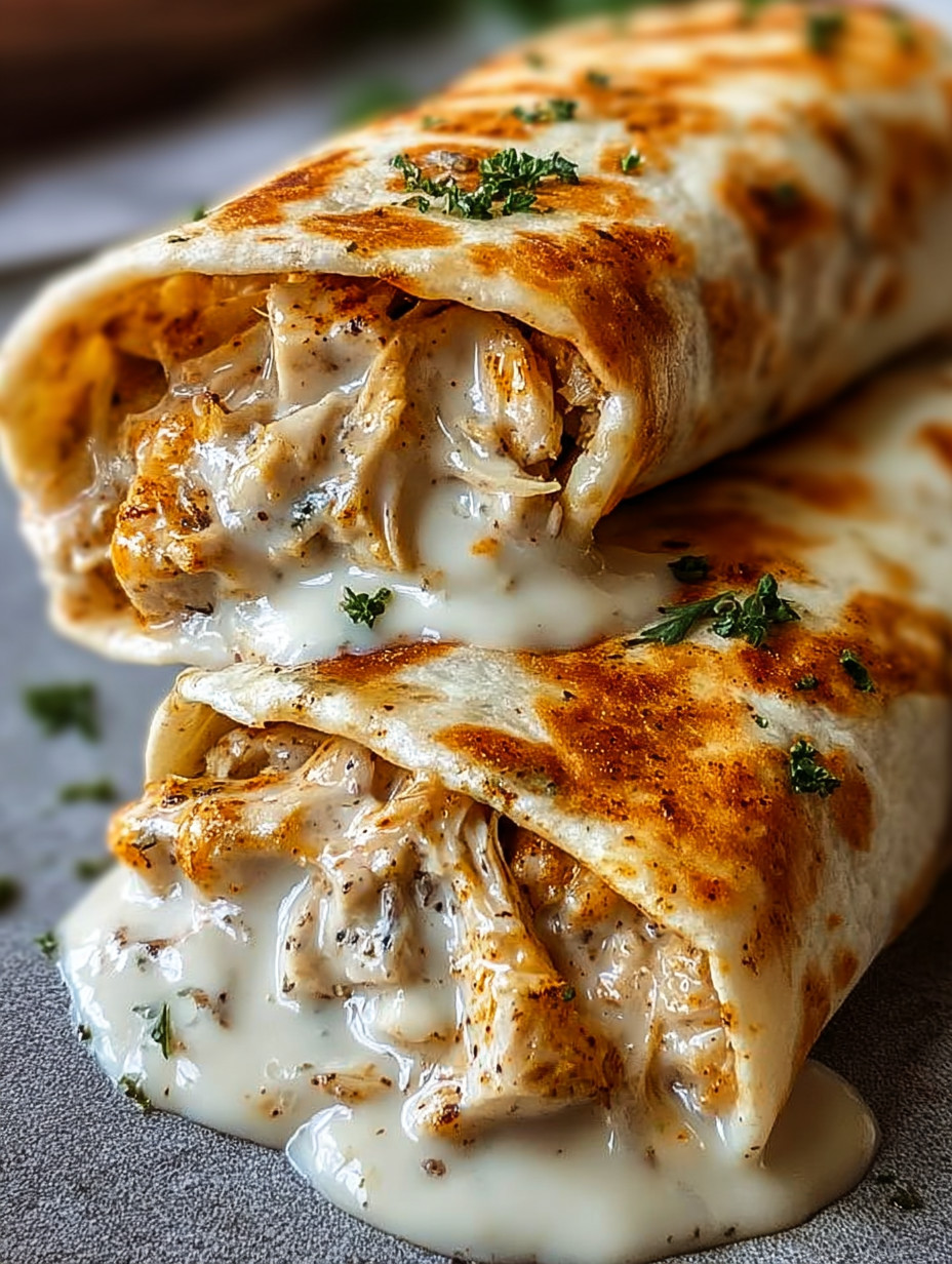 A close up of a cheesy garlic chicken wrap.