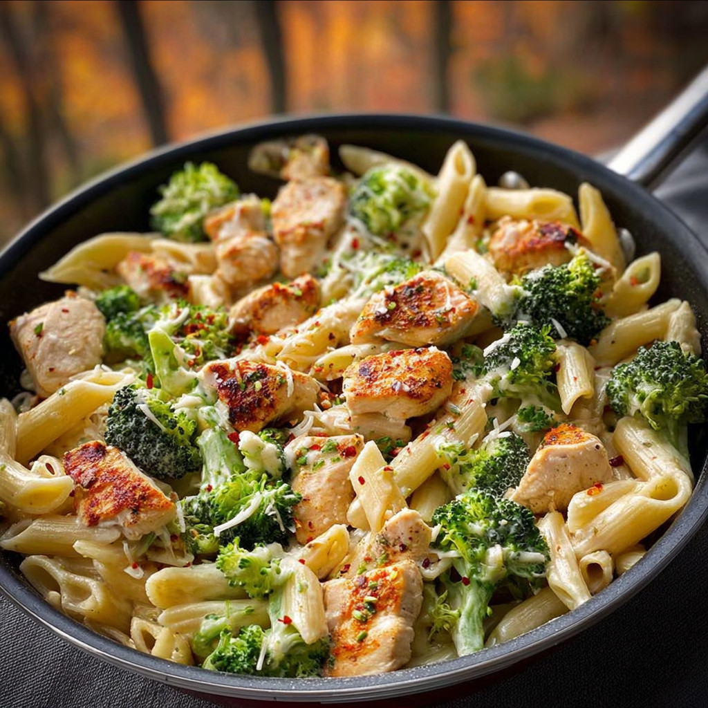 A delicious meal of chicken, broccoli, and penne.