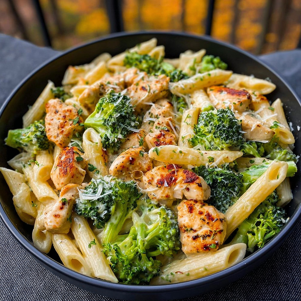 A bowl of pasta with chicken and broccoli.