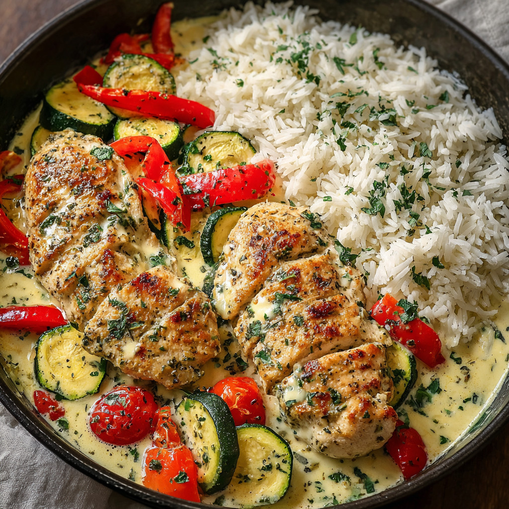 A bowl of garlic herb chicken dinner.