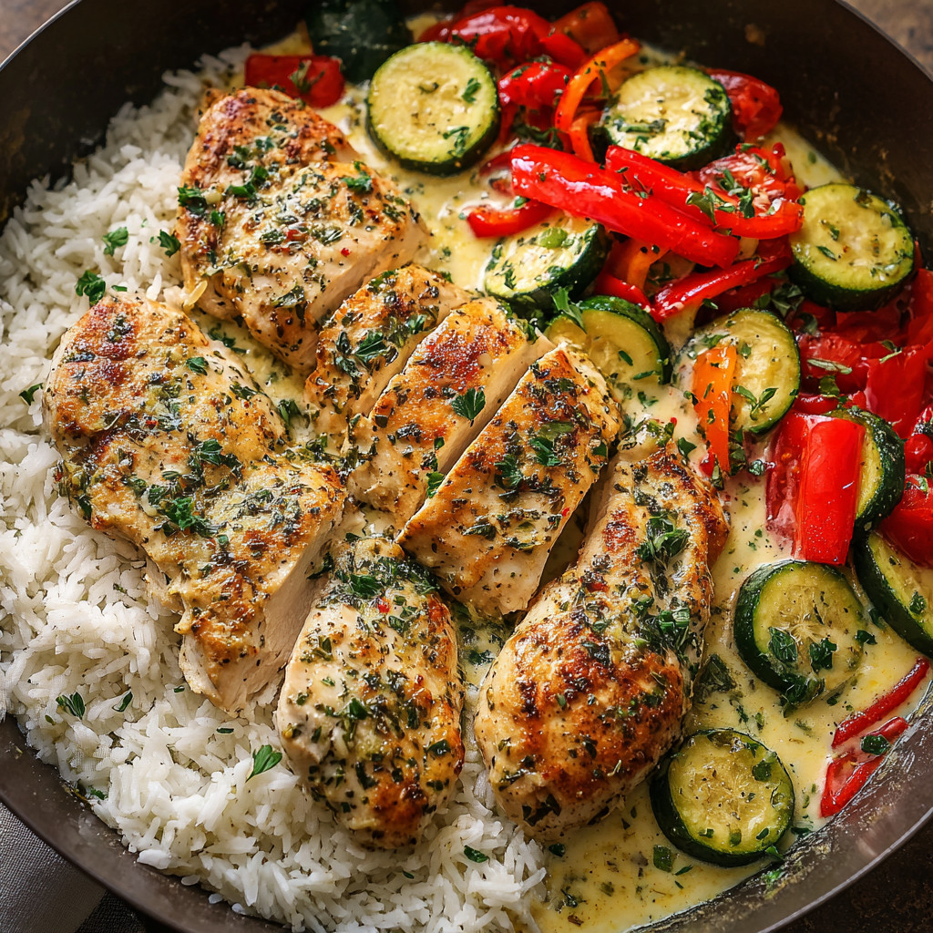 A plate of garlic herb chicken dinner.
