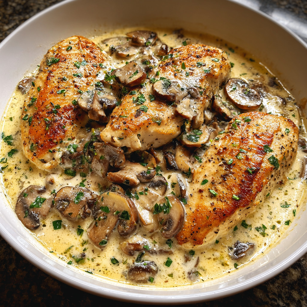 A bowl of chicken and mushrooms.