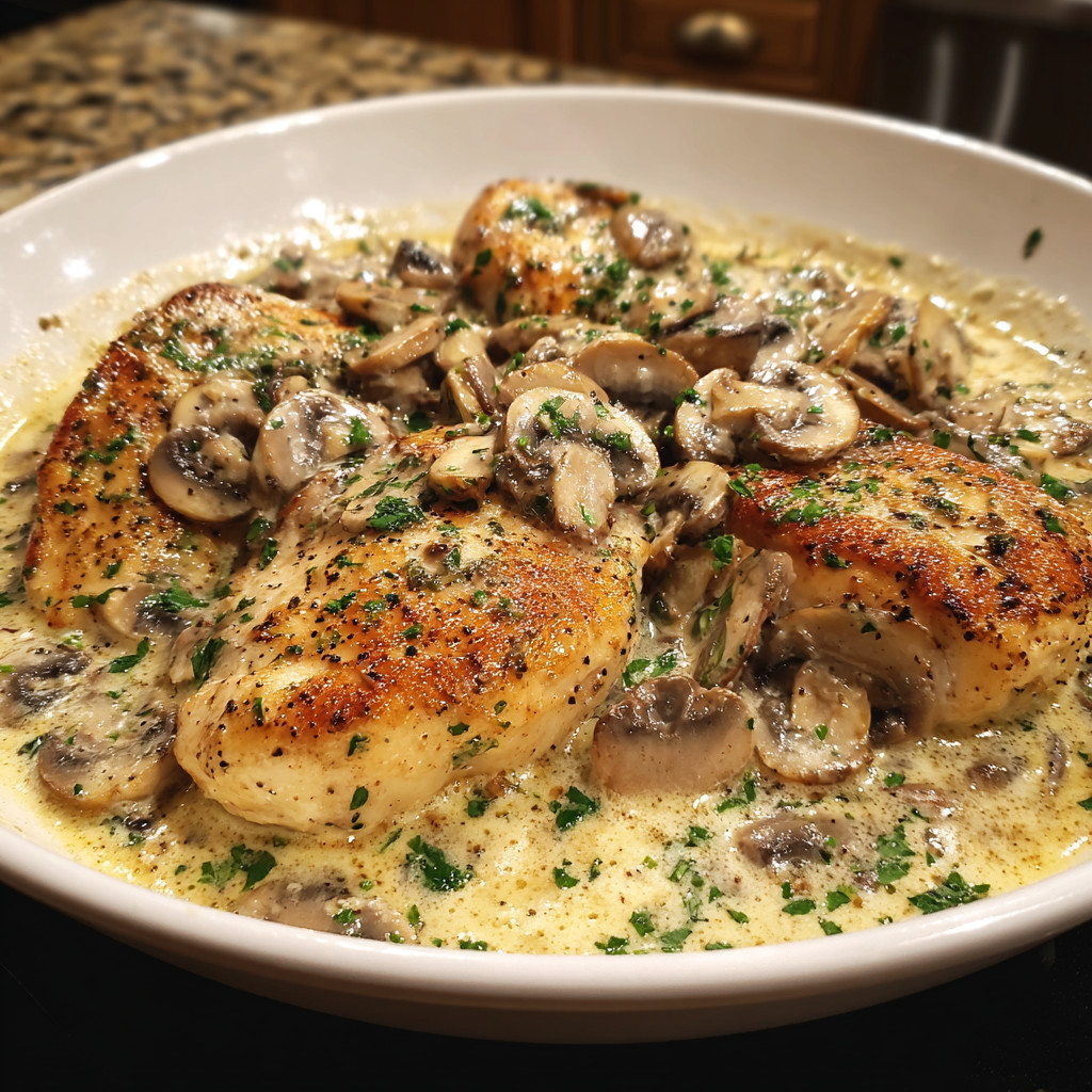 A bowl of creamy garlic chicken mushrooms.
