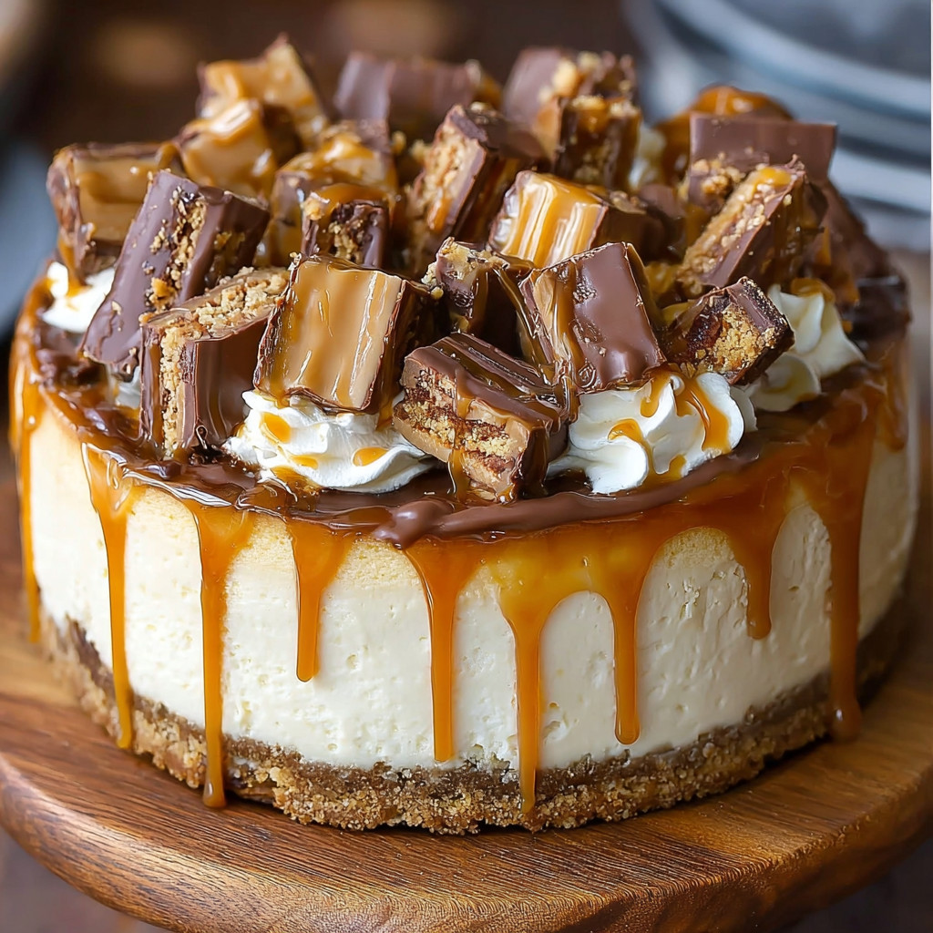 A slice of a decadent twix caramel cheesecake.