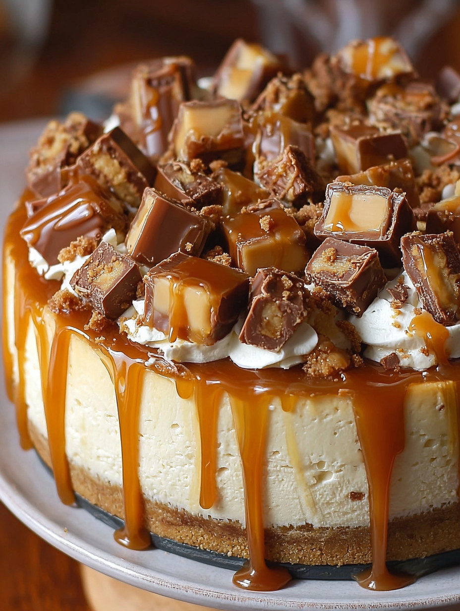 A slice of a decadent twix caramel cheesecake.