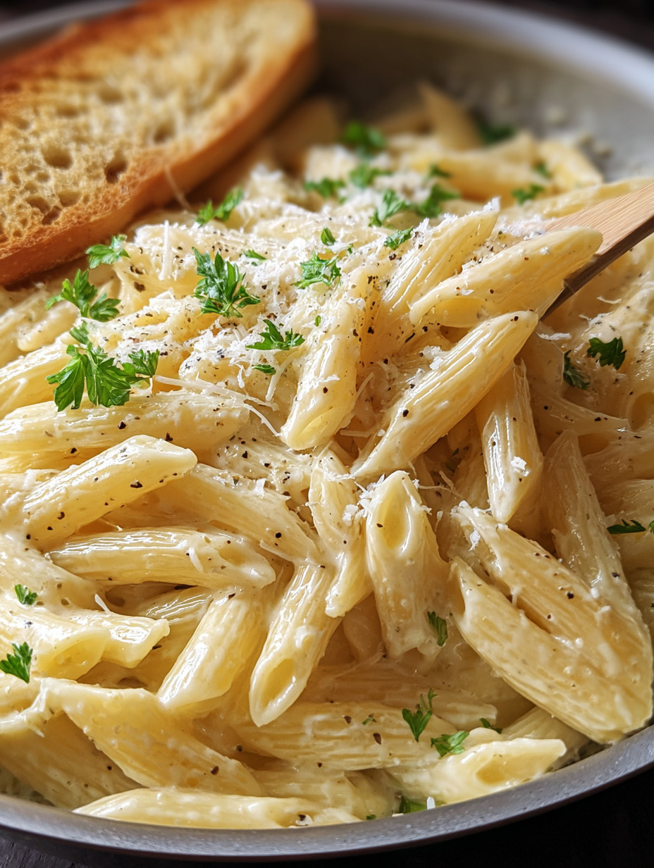 A bowl of creamy garlic penne pasta.