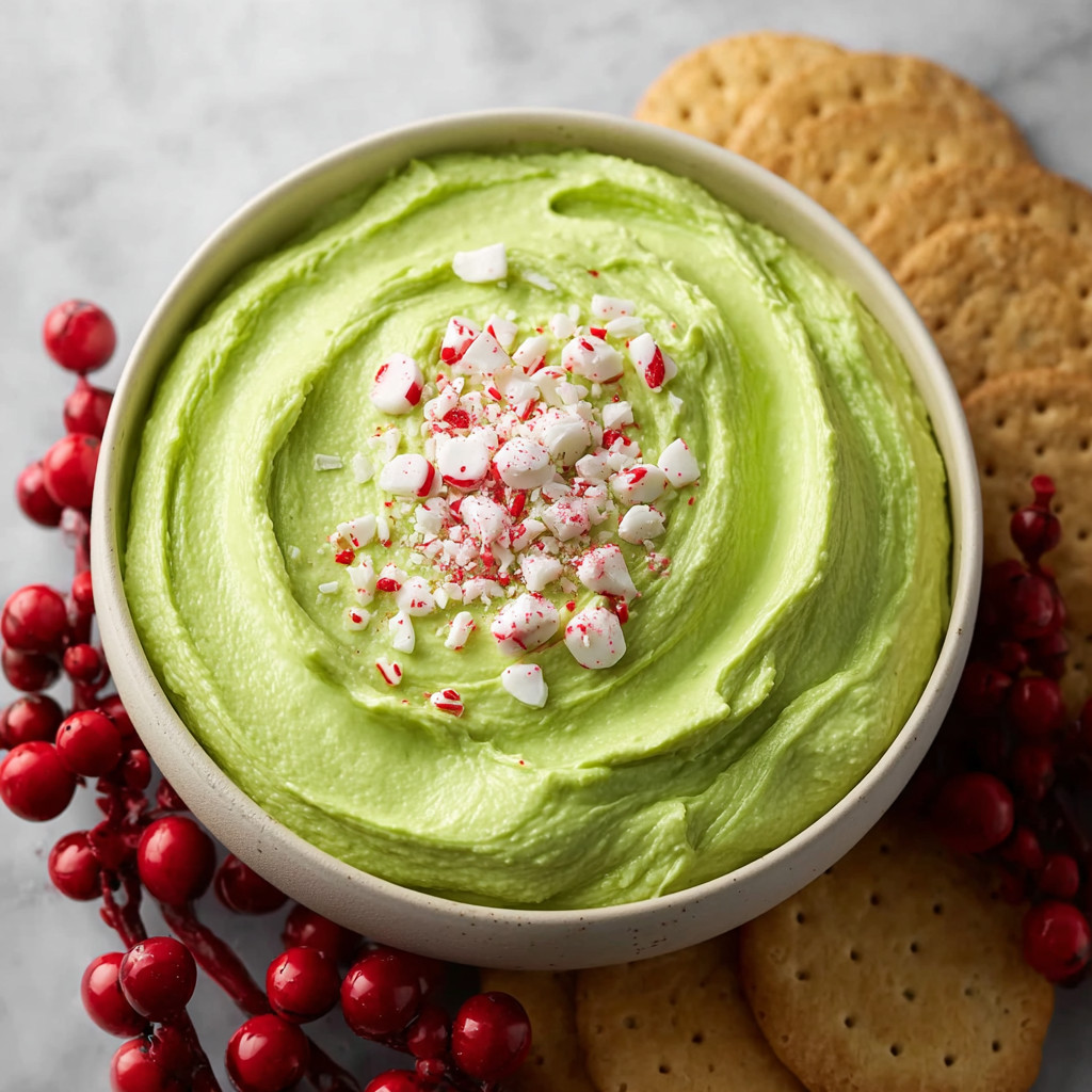 A bowl of green dip with red candy canes and crackers.