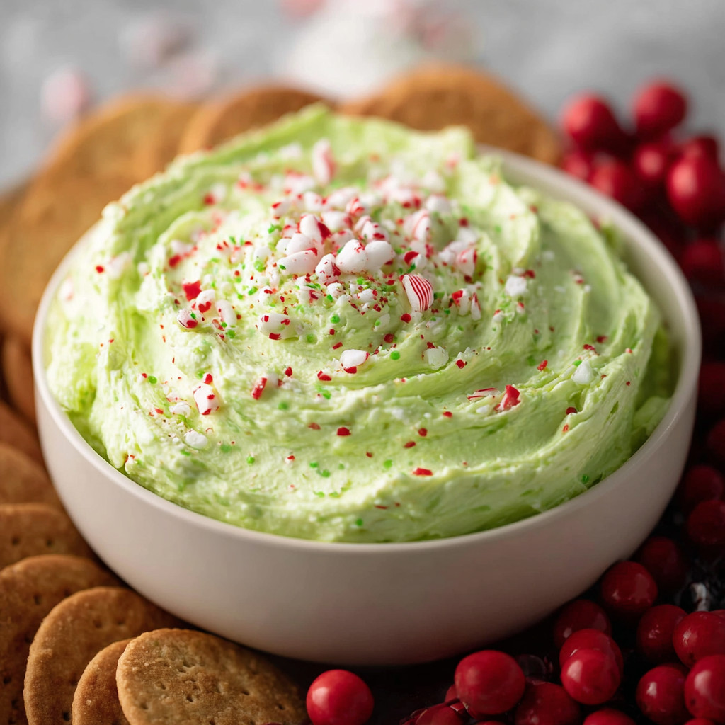A bowl of green dip with red berries and candy canes.