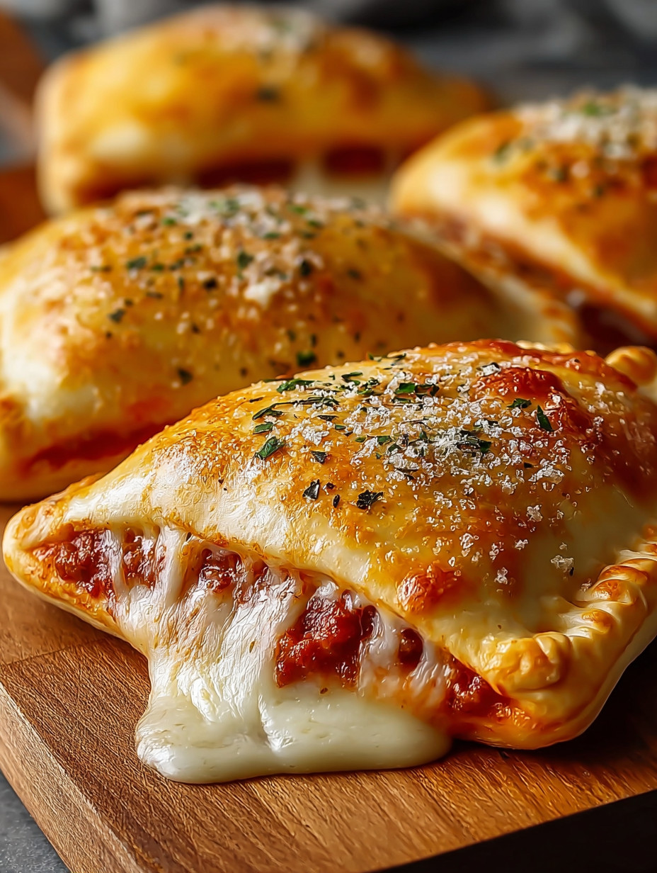 A close up of a cheesy pizza pocket.