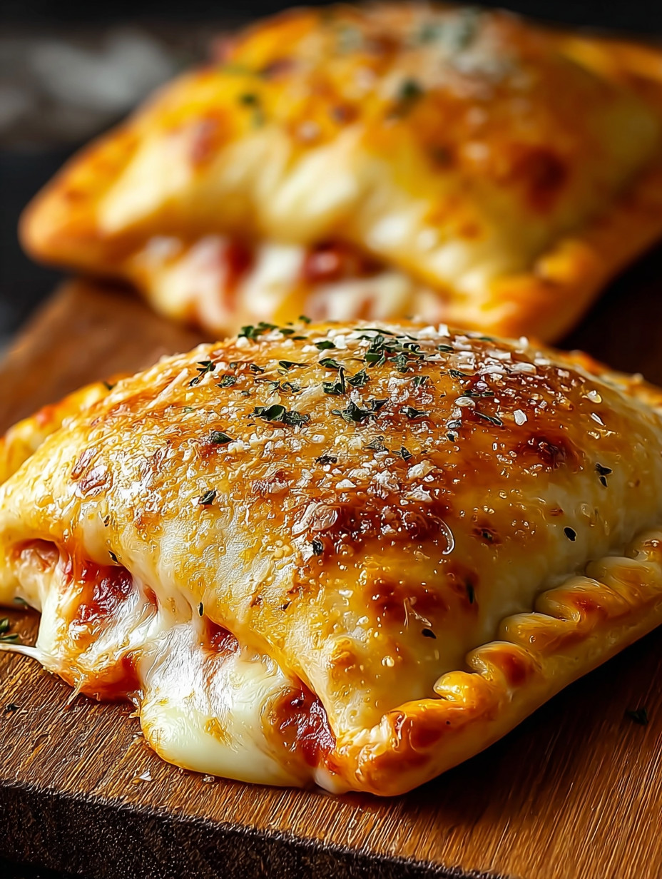 A close up of a cheesy pizza pocket.