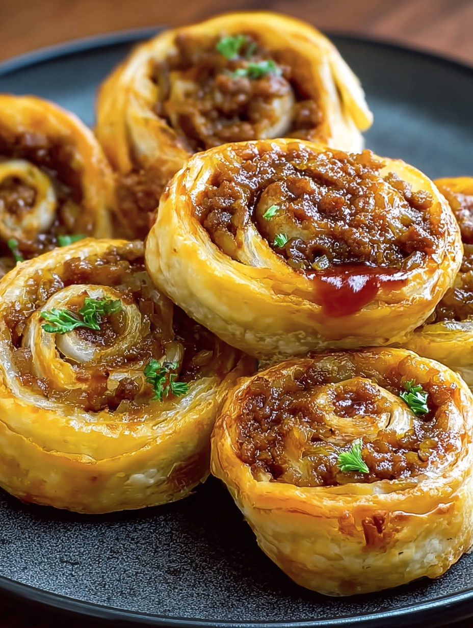 Golden beef and onion puff rolls.