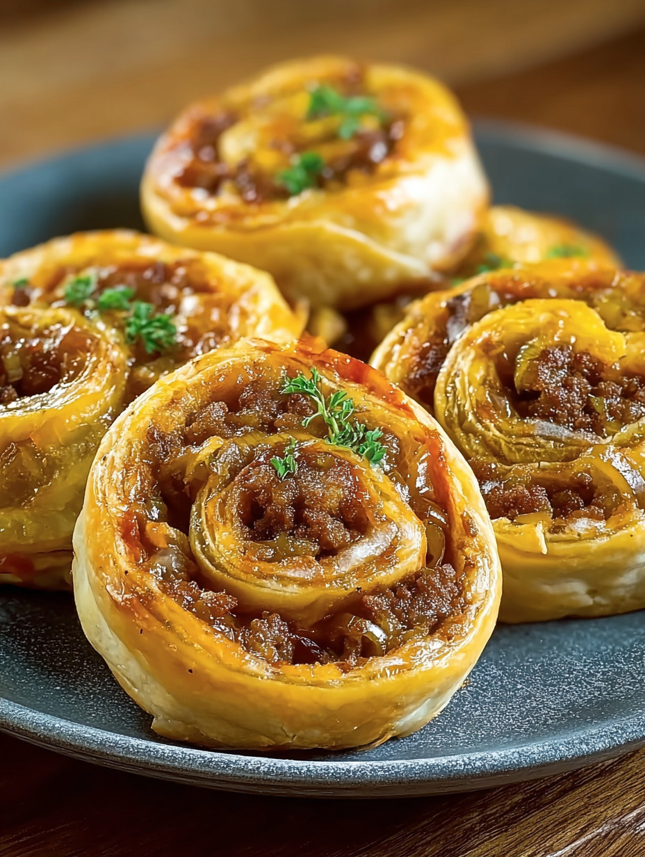 Golden beef and onion puff rolls on a plate.