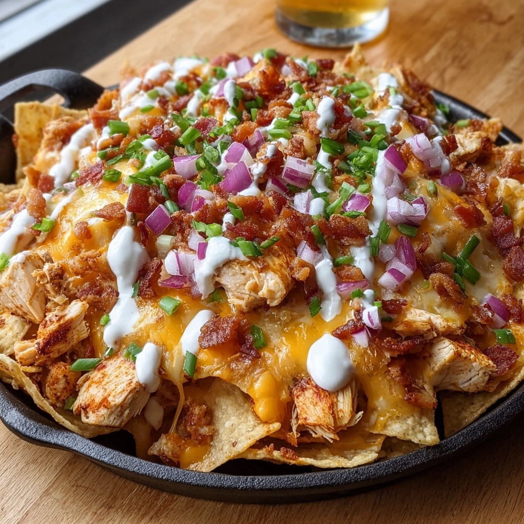 A delicious cheesy grilled chicken nachos supreme.