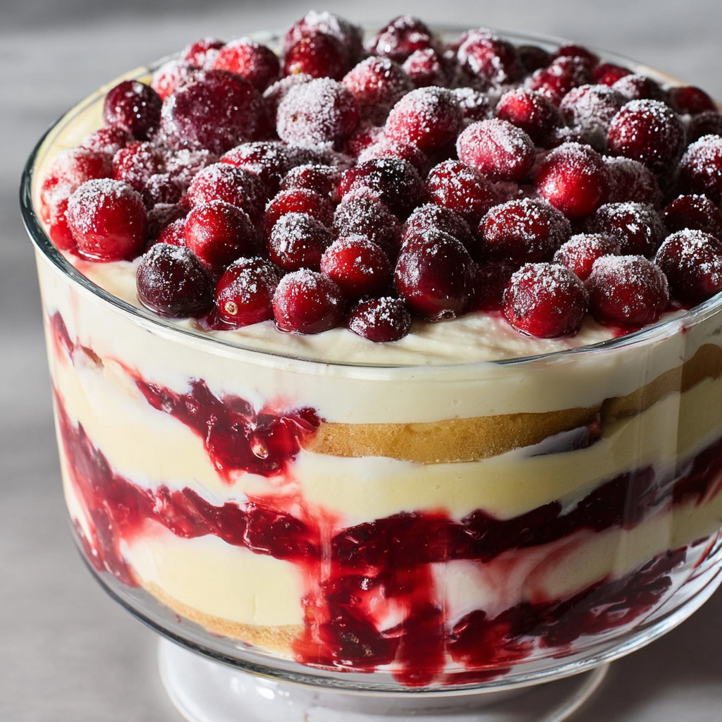 A glass bowl filled with a 12 layer Christmas trifle.