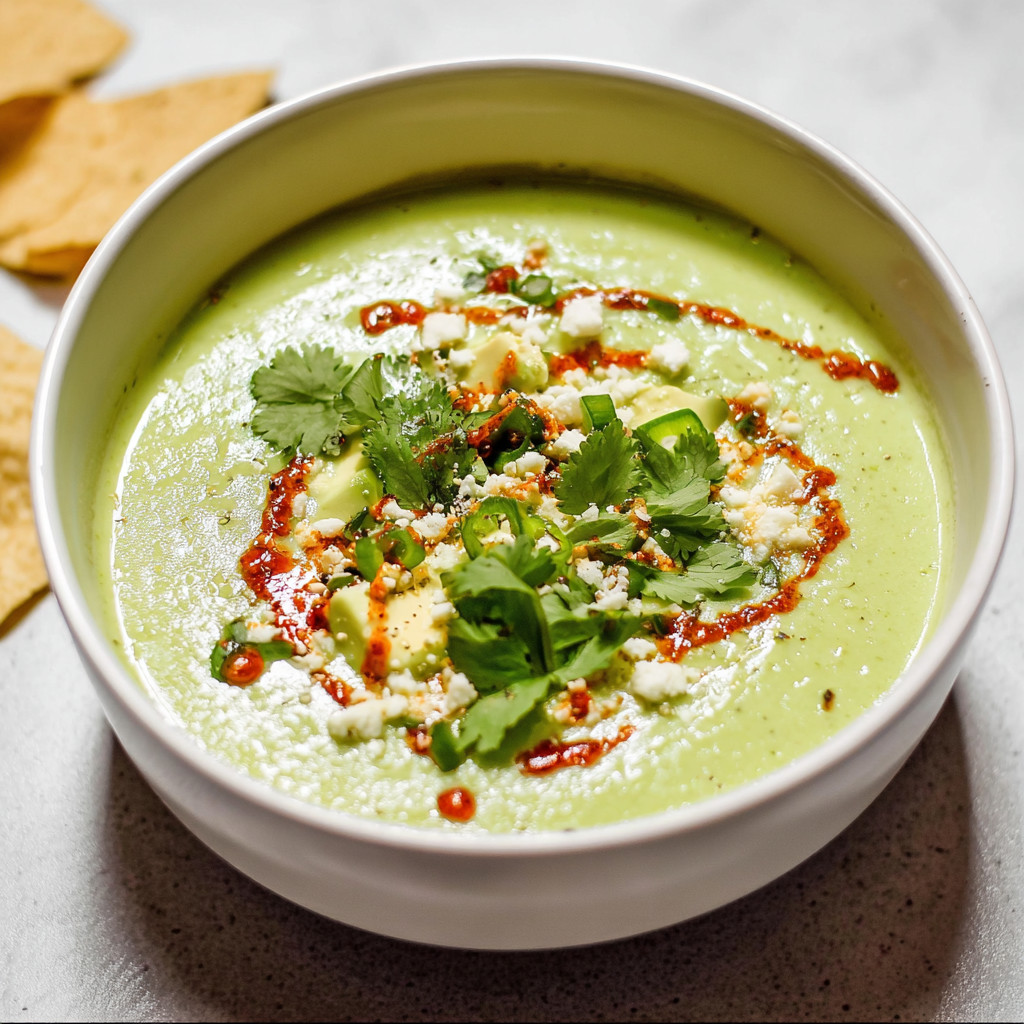 A bowl of avocado soup with chips on the side.