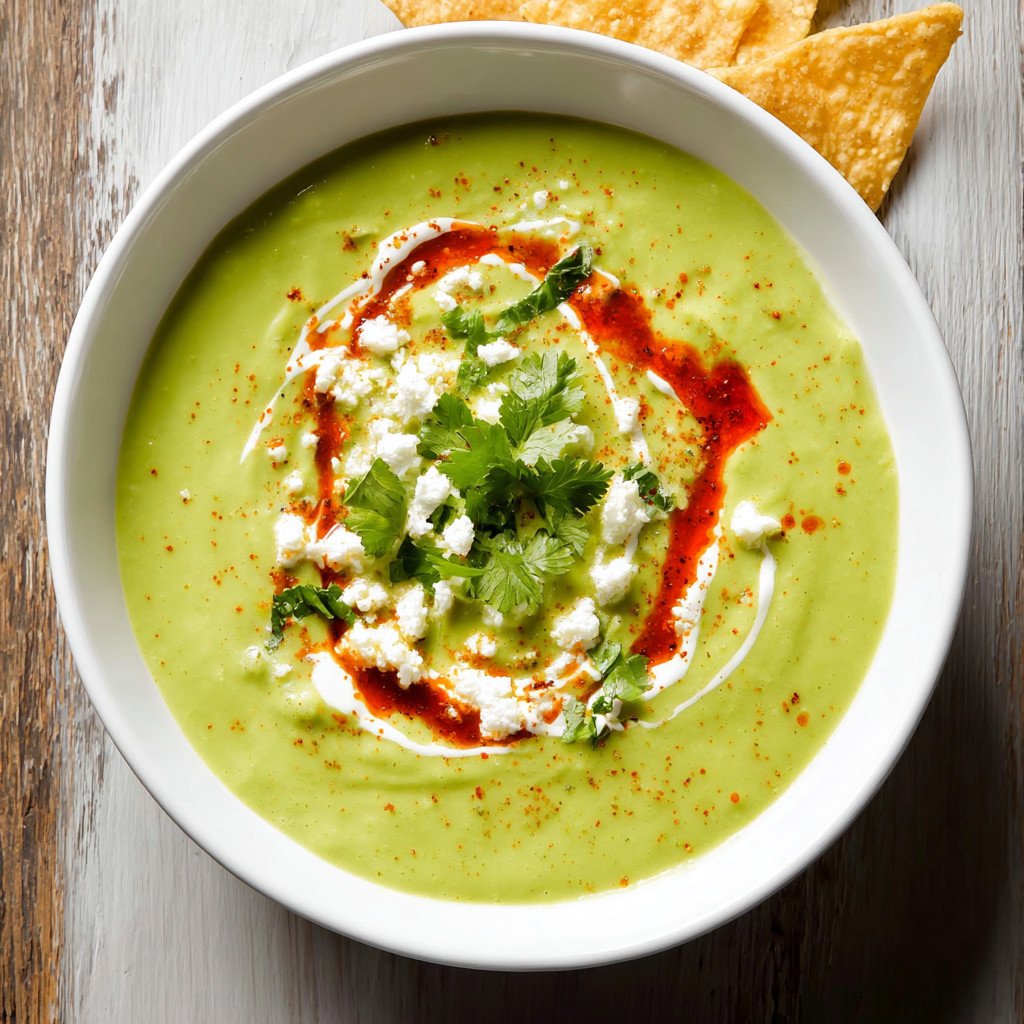 A bowl of avocado soup with a spoon in it.