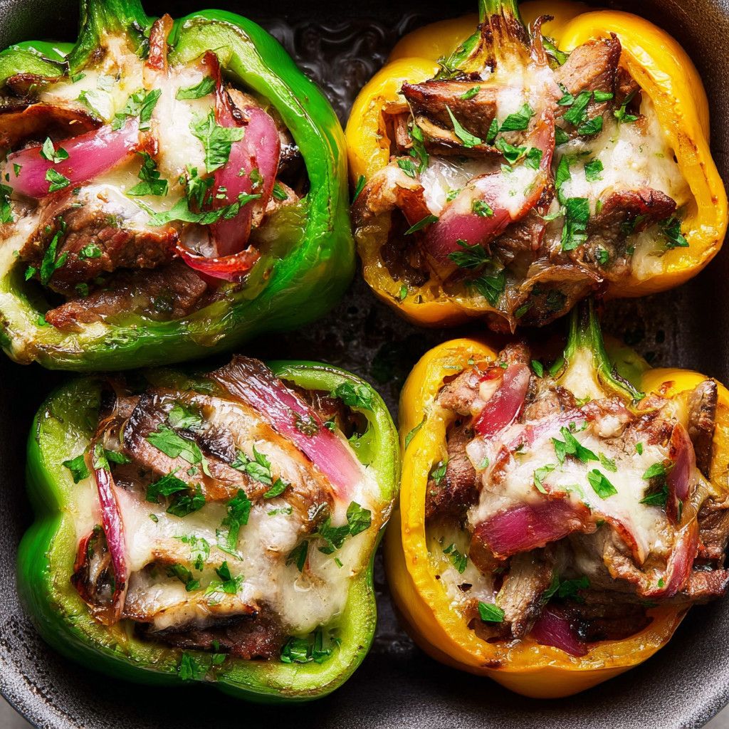 A pan of cheesesteak-stuffed peppers.