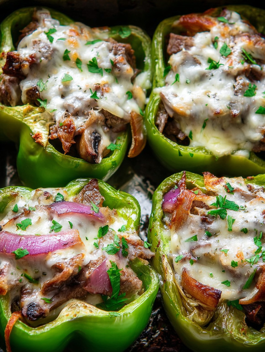 A close up of a cheesesteak-stuffed pepper.