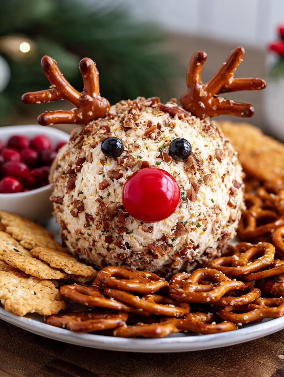 A plate of food with a cheese ball shaped like a reindeer.