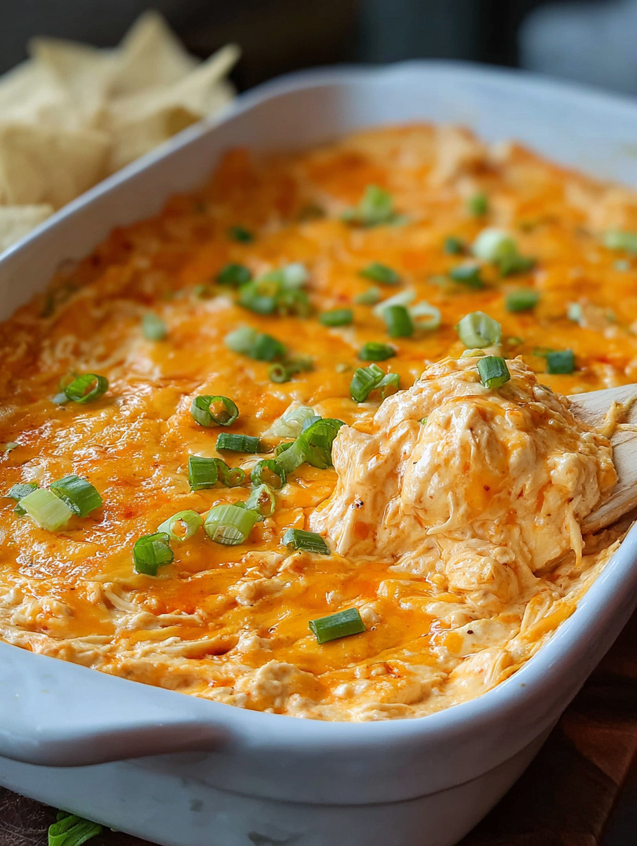 A white bowl filled with creamy buffalo chicken dip.