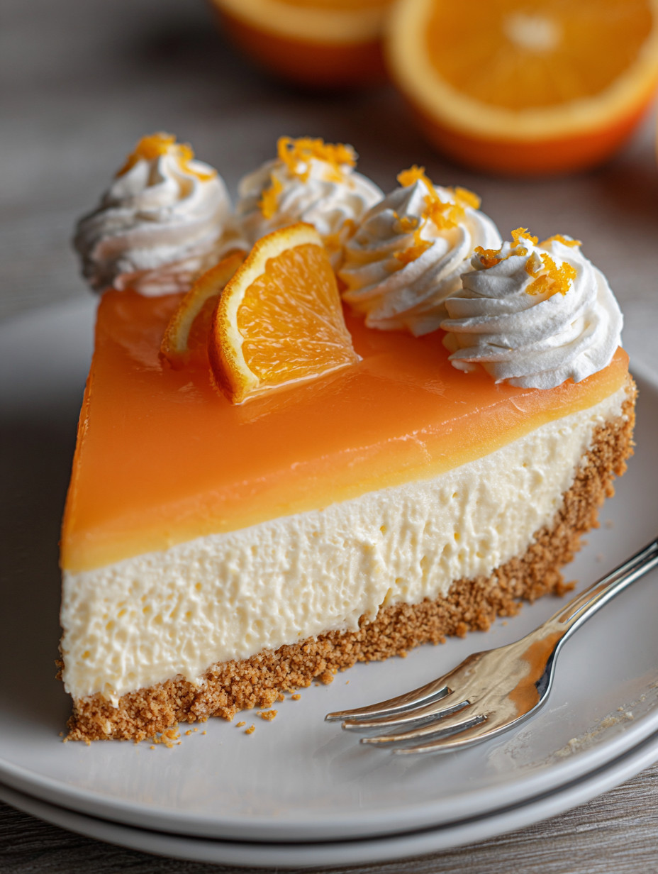 A slice of orange jello creamsicle pie.