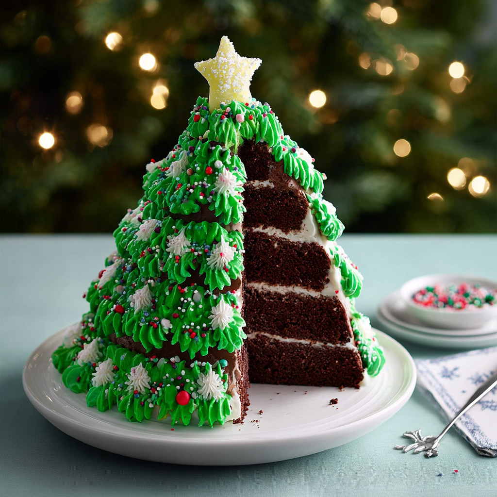 A Christmas tree cake with white and green frosting.