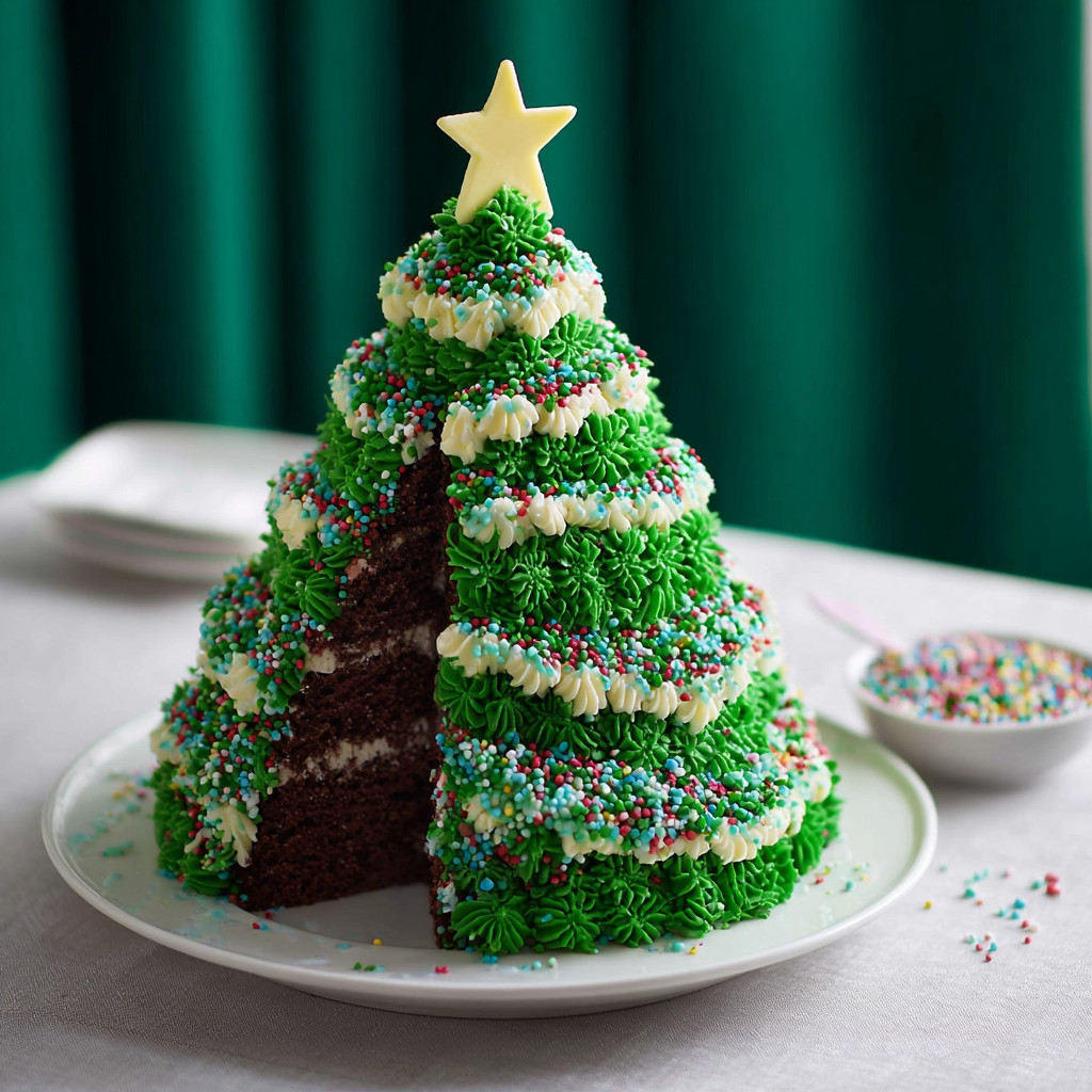 A green and white Christmas tree cake.