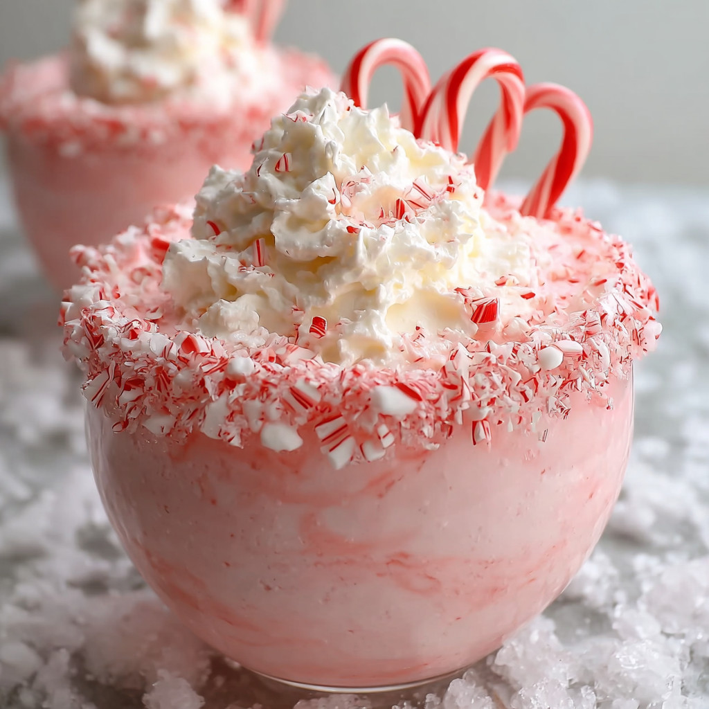 A pink cup filled with whipped cream and candy canes.