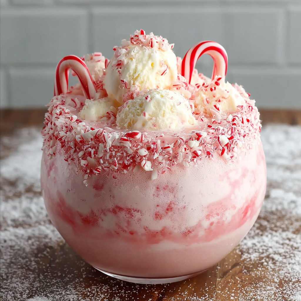 A large bowl of red and white punch with candy canes and peppermint sticks.