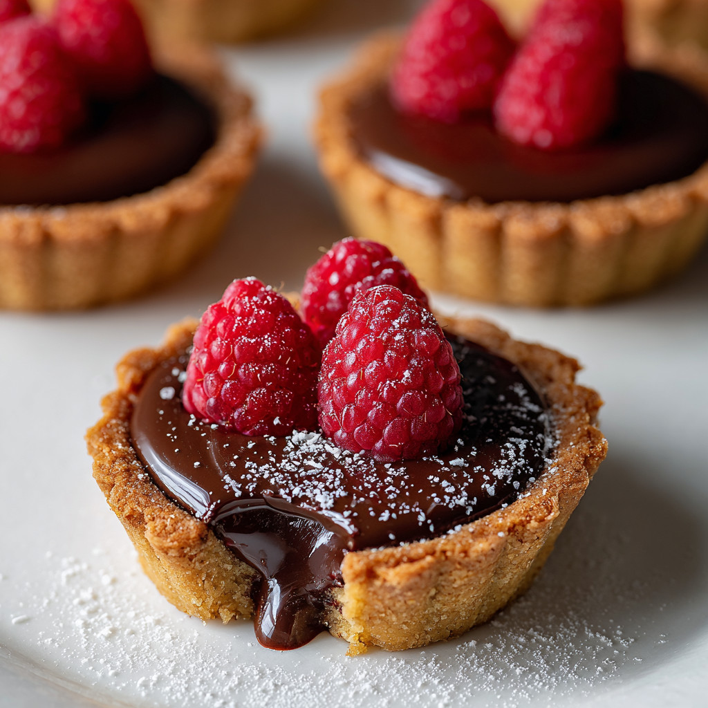 A chocolate raspberry tart with a raspberry on top.