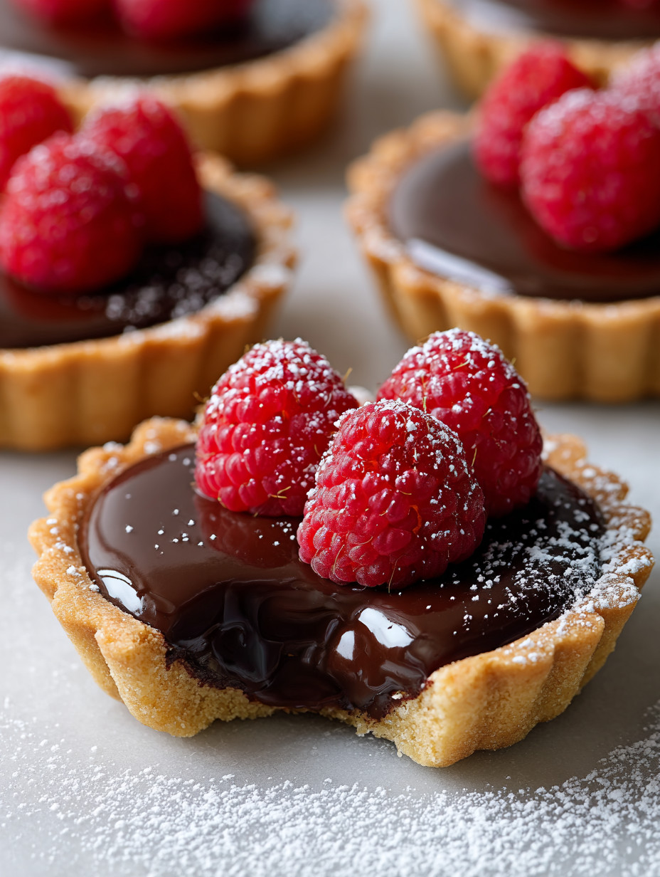 A close up of a chocolate raspberry tart.