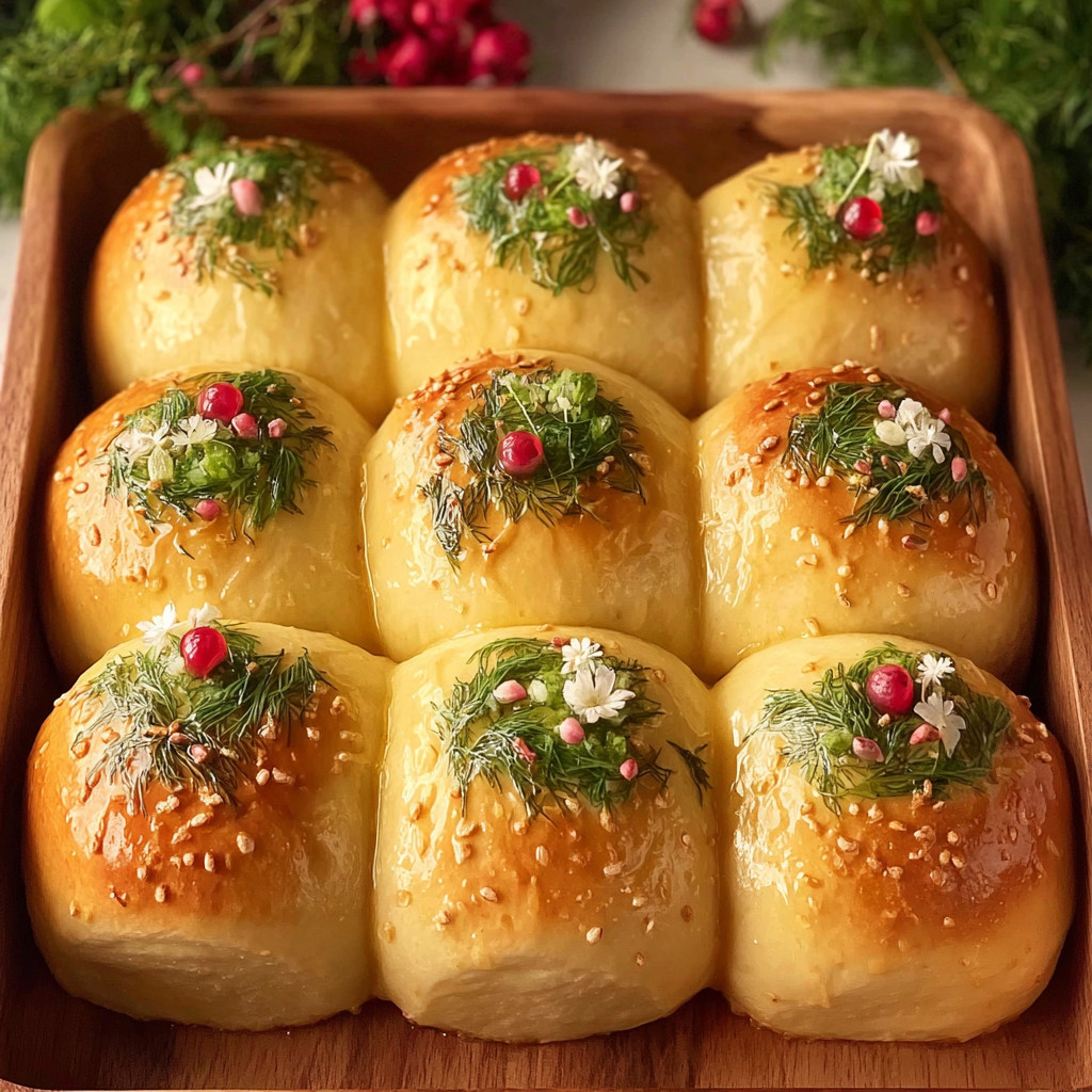 A wooden tray with 12 rolls of bread with green and red toppings.