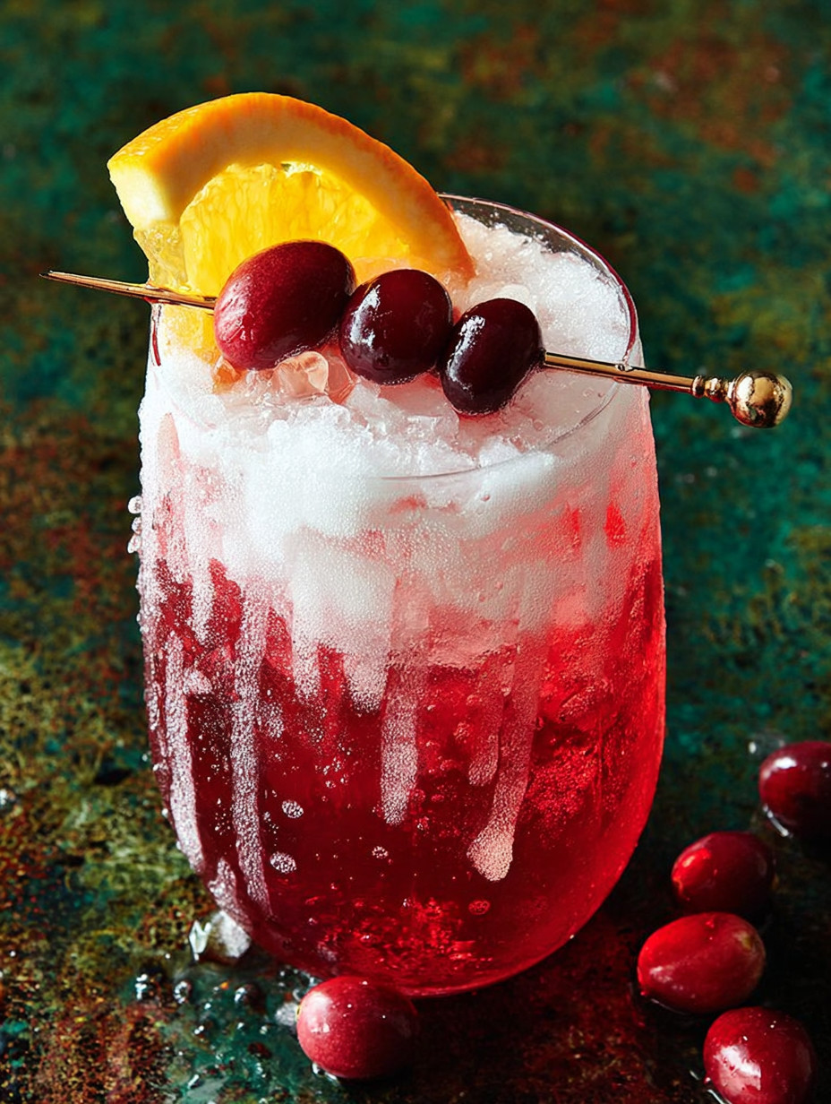 A glass of cranberry sauce with a cranberry and orange slice on top.
