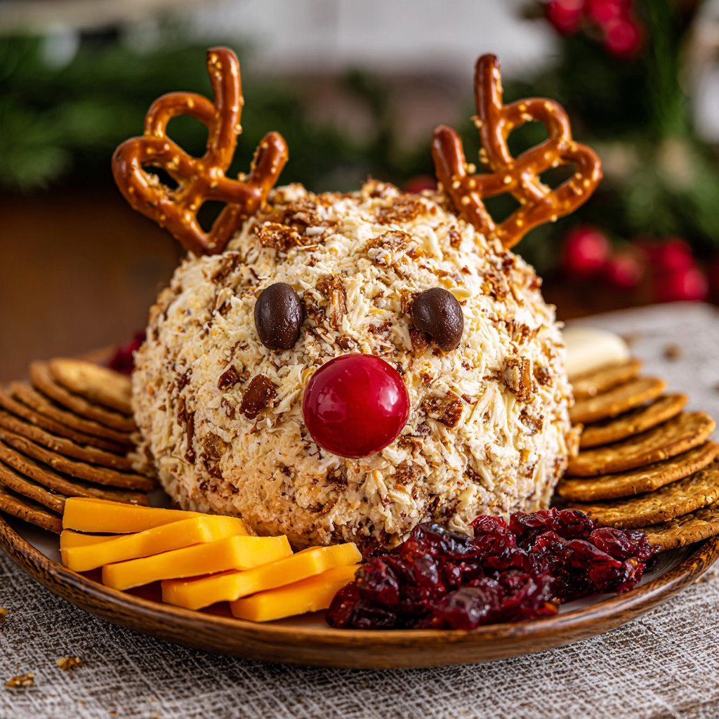 A cheese ball shaped like a reindeer.