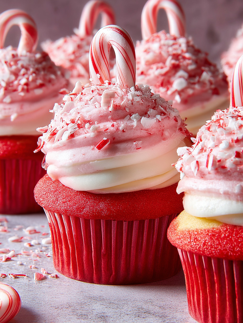 Red cupcakes with white frosting and candy cane decorations.