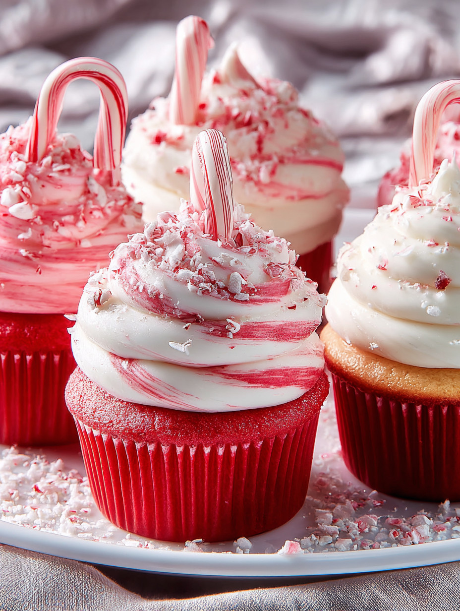 Three red cupcakes with white frosting and red stripes.