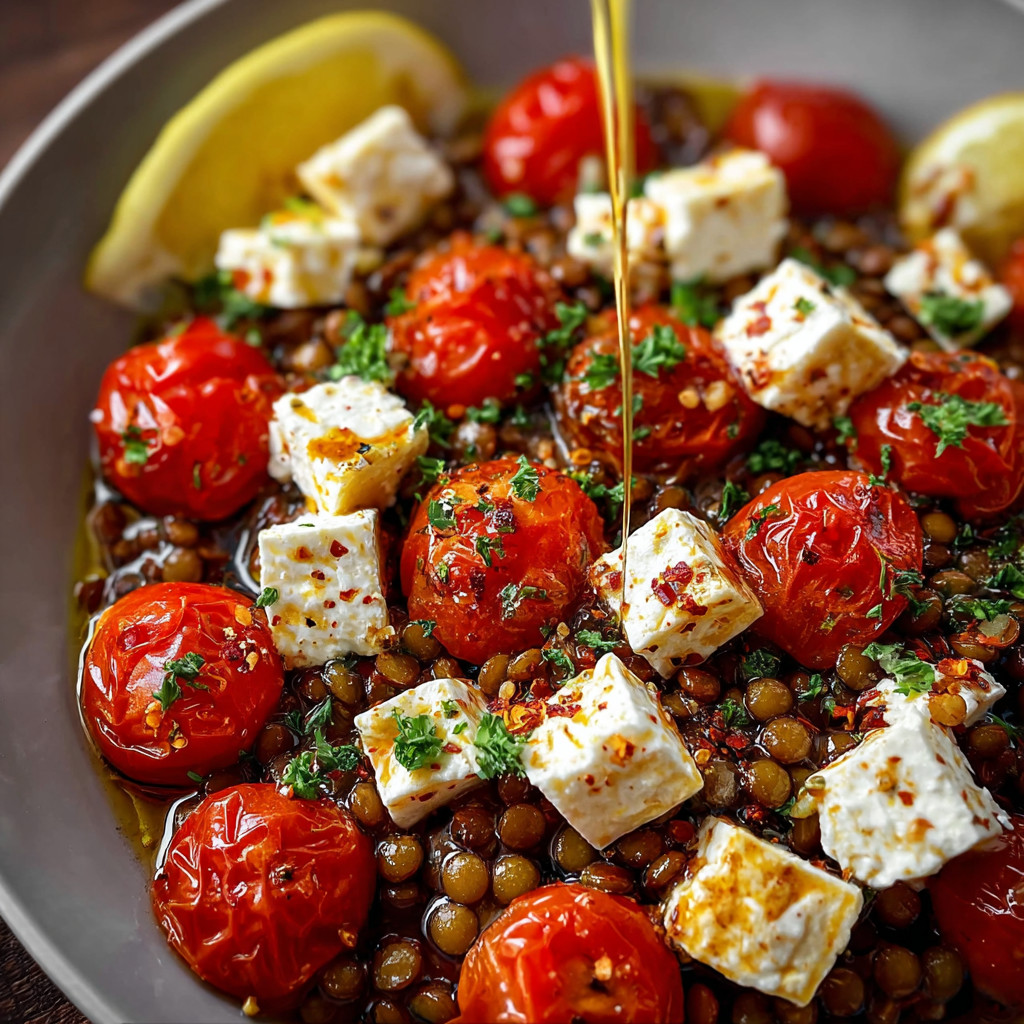 A bowl of Mediterranean lentil and feta salad.