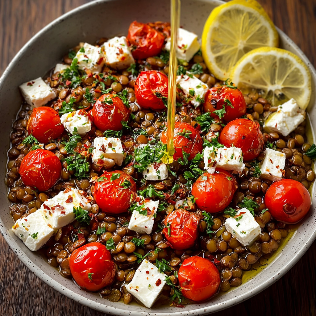 A bowl of Mediterranean lentil and feta salad.