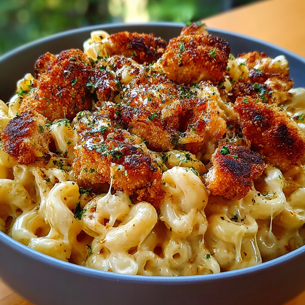 A bowl of Honey Pepper Chicken Mac and Cheese Delight.