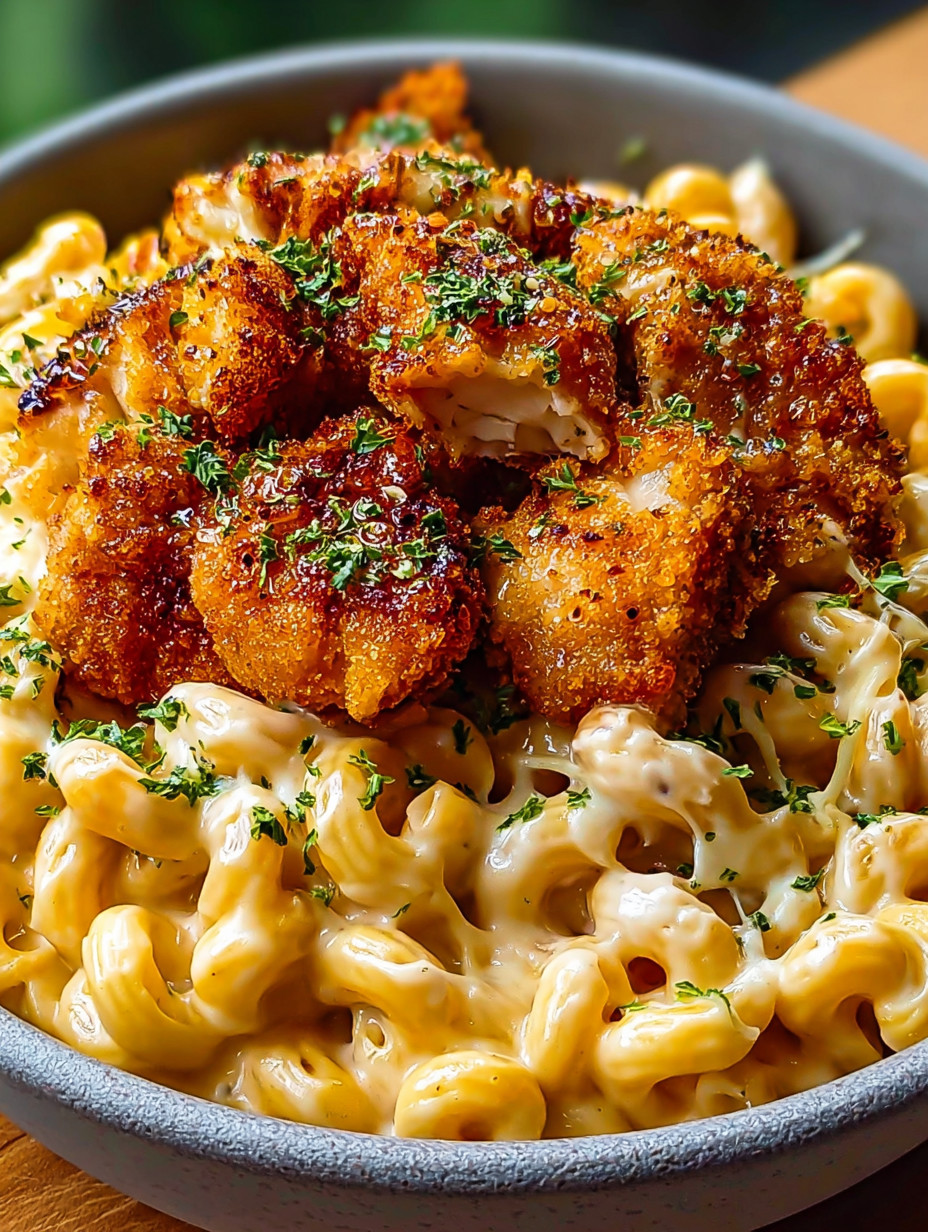 A delicious mac and cheese dish with chicken and peppers.