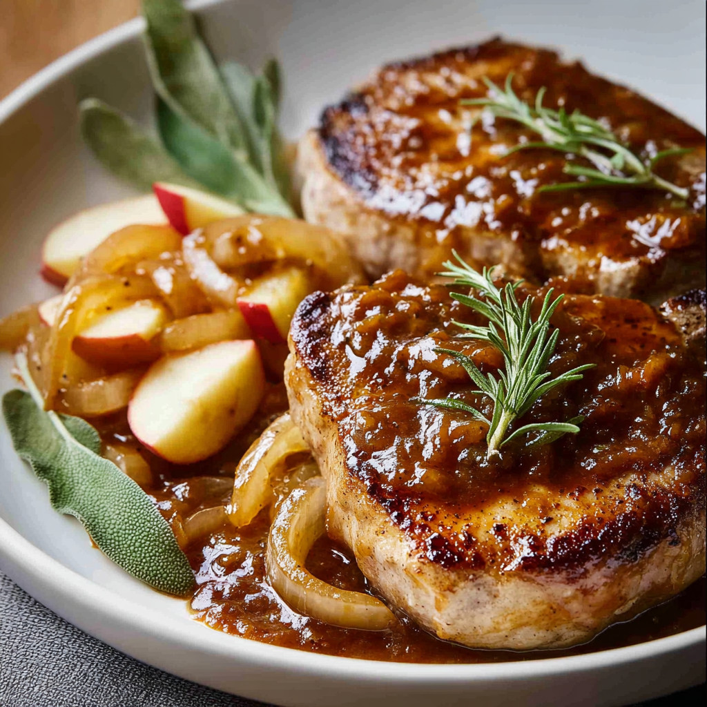 A plate of juicy apple butter pork chops.