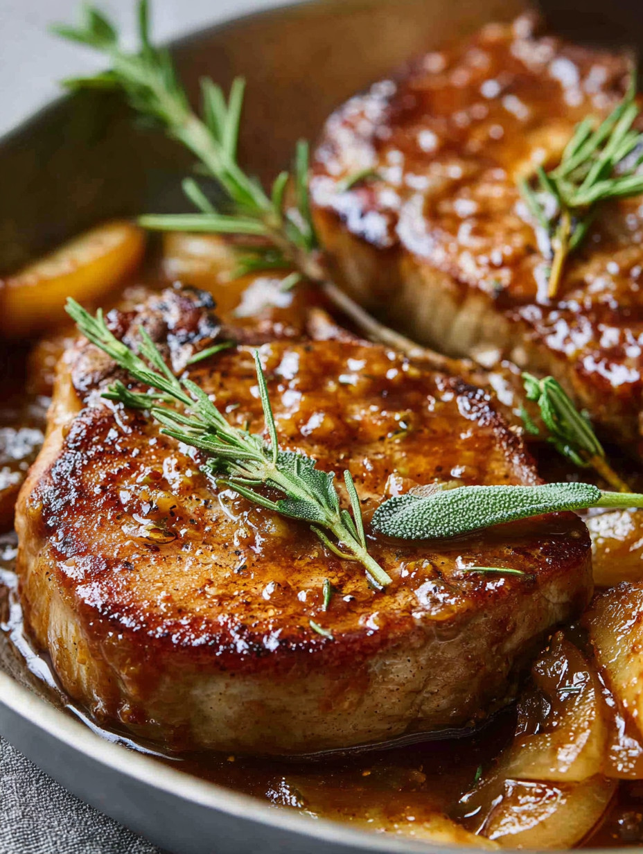 A close up of juicy apple butter pork chops.