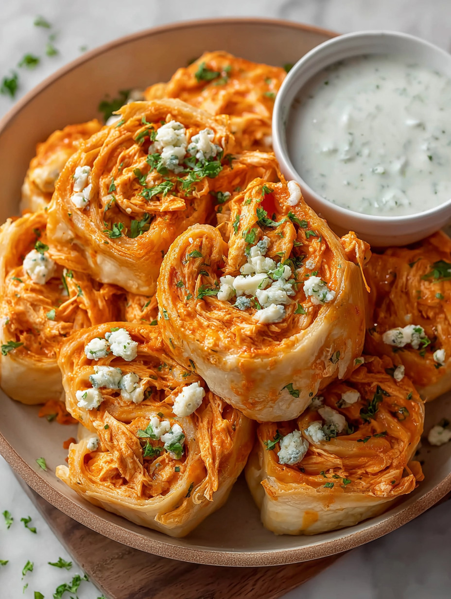 Buffalo chicken roll-ups with blue cheese.