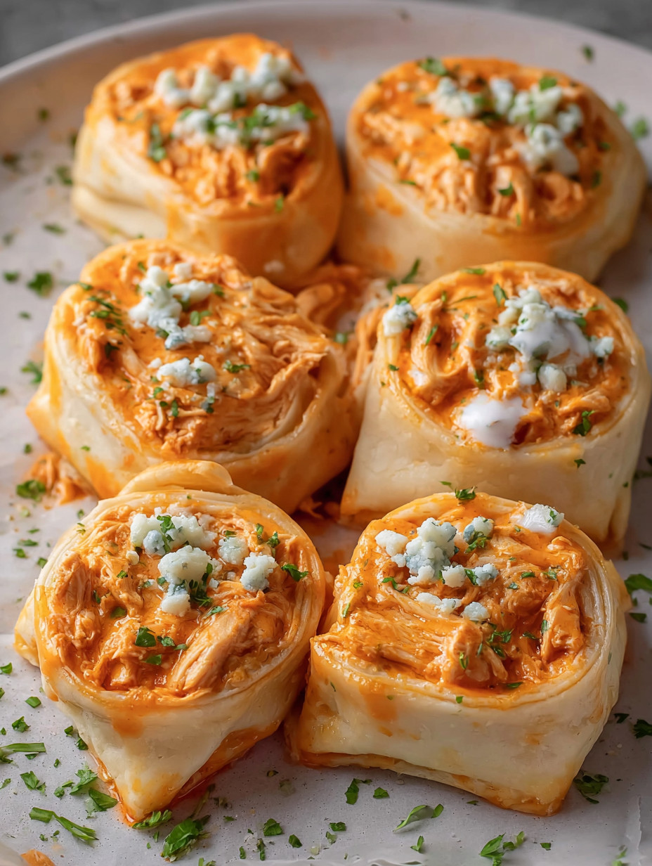 Buffalo chicken roll-ups on a table.