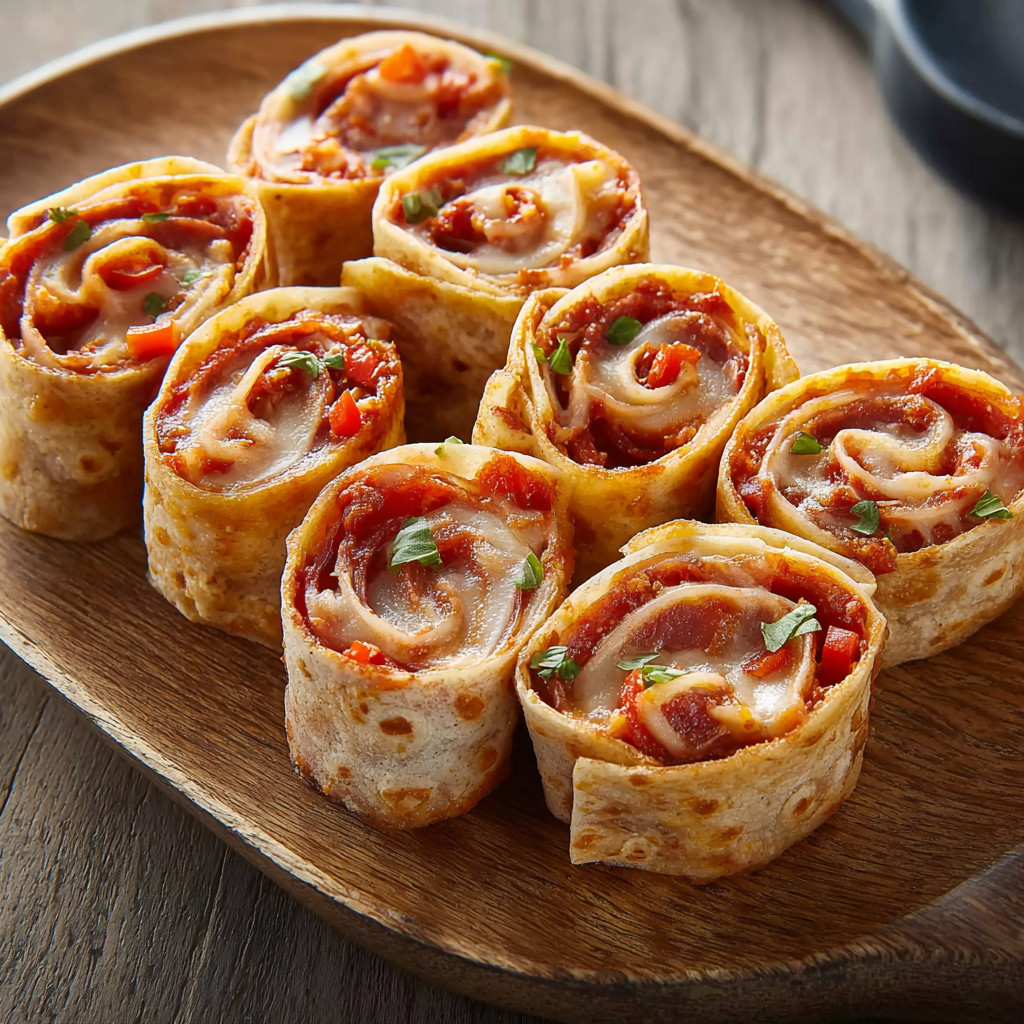 A plate of tortilla pizza rolls.